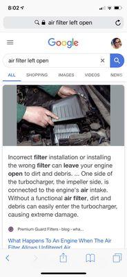 Screen shot of improper air filter installation