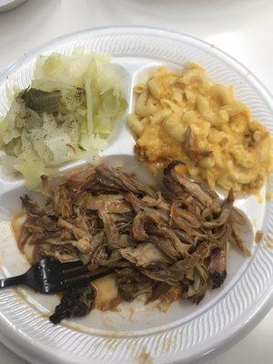 Pulled pork, macaroni, cabbage