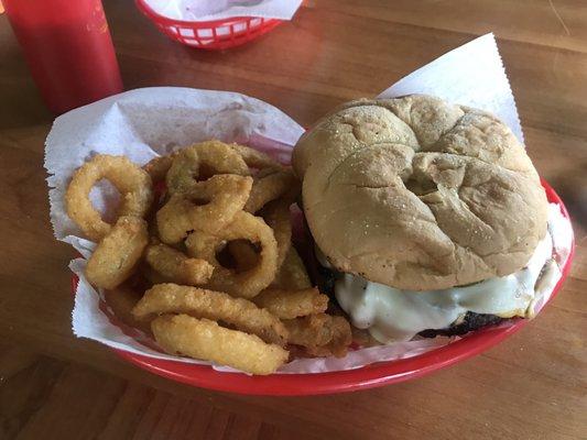 The 1/3 pound burger is beefy, and the onion rings are crispy. Both are tasty and reasonably priced.