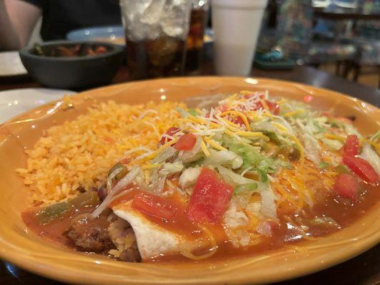 Fajita Burrito (steak) with rice and beans