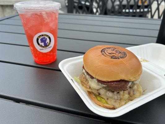 Blue Devil Burger and strawberry soda