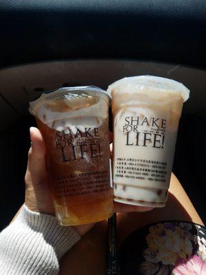 Black lychee tea w/ coconut jelly and wintermelon milk tea with golden boba