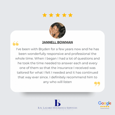 Join our happy clients! Discover why BA Lazaro Insurance is earning glowing 5-star reviews on Google.