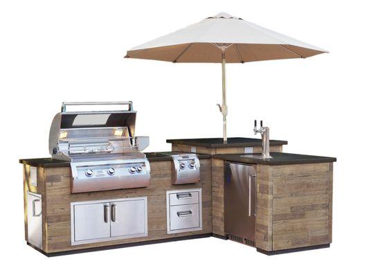 Outdoor cooking islands! This one is French Oak Barrel finish with refrigerator and umbrella accessory.