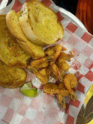 Fried shrimp and garlic bread