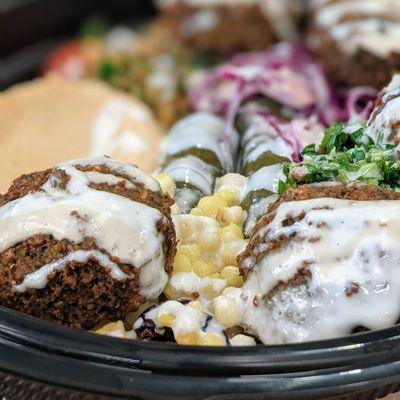 Close up of the vegan dream falafel plate