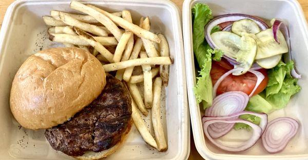 Central market burger & french fries. Happy the vegetables came in a separate container.