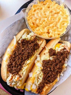 Turkey dogs 'all the way' with cheese sauce. Side of Mac n cheese