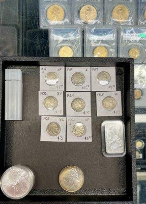 Buffalos, Mercurys, Libertads, Perth Mint bar, and toned Peace-ful pieces