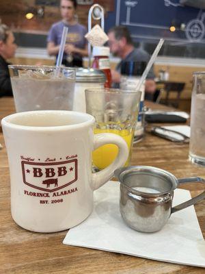 Coffee, cream, fresh squeezed OJ!