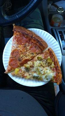 Pepperoni and jalapeno onion and pineapple pizza.