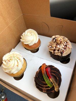 Vanilla Cupcakes, "Dirt" Cupcake and, Peppermint Mocha Cupcake.  All delicious.