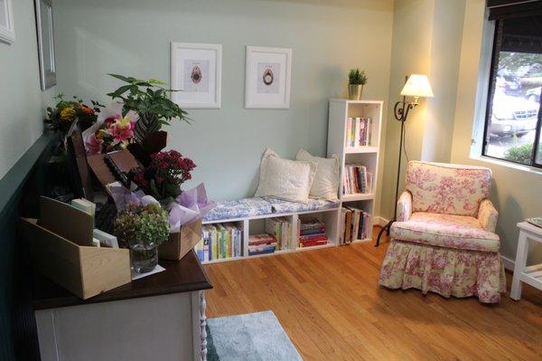 Community and Resource Room at Bodies for Birth.  A beautiful space designed with your needs in mind!