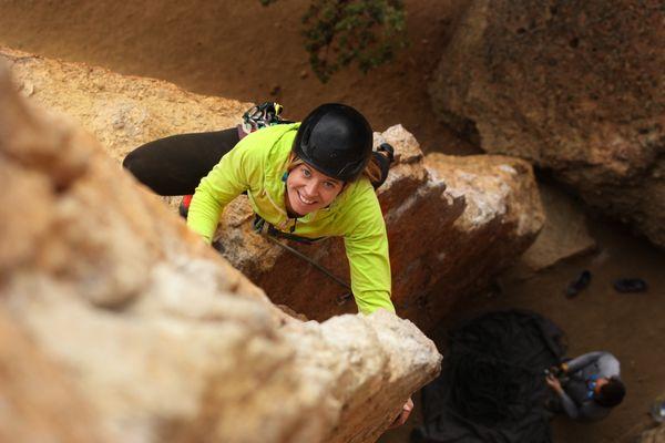 Meghan Austin climbing at Smith Rock with gear purchased at AntiGravity Equipment.