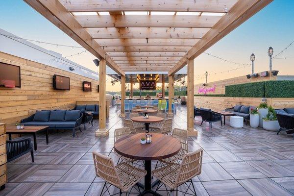 Outdoor rooftop bar at sunrise