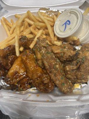 French Quarter Wings, Garlic Parmesan Wings, and Cajun Fries