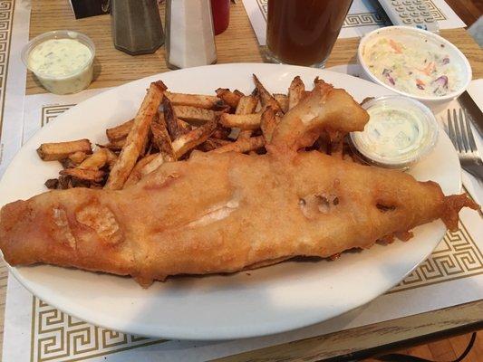 Very good fried fish dinner at Jim and Jimmies. Large servings of fish and fries. Coleslaw a little soupy but tasty.