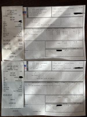 Receipt for parts and refund for core return from Napa $390.53 - $77 = $313.53 total for parts.