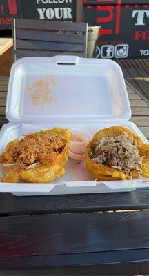 Tostones Rellenos: Honey Sriracha Chicken, Latin Pork