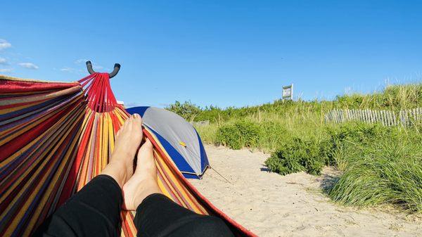 Campsite A-4 next to the dune.  Set up a hammock & tent.