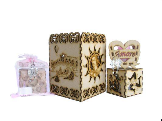 This is a selection of custom items designed for Gioia Company: Italian-themed lanterns and jewelry.