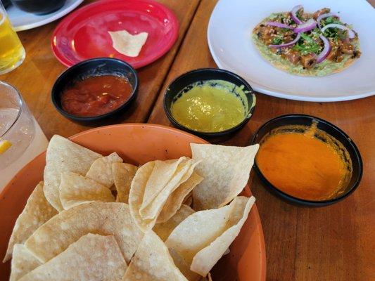 Trio of homemade salsas to start, very good!  Ahi tyna tostada in the back