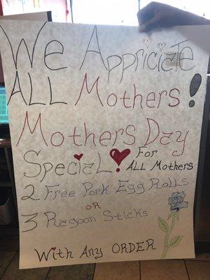 We are having a Mother's Day special come in and join us for this great day. We appreciate all the mothers out there thank u all.