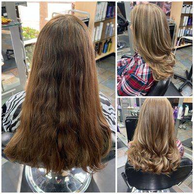 From natural to balayage with baby lights, and long layers.