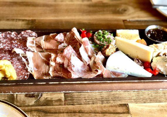 Chef's Choice Board. 5 cheeses & 5 meats + baguette slices, fig jam, pickled cauliflower, sweety drop peppers, mustard, candied pecans