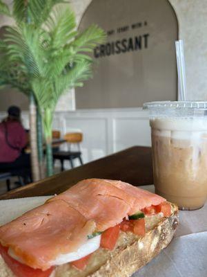 Salmon toast and iced caramel latte