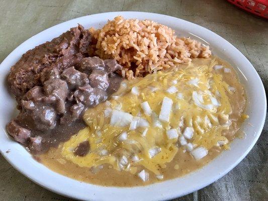 AJ's Special....enchiladas, carne guisada, rice n beans