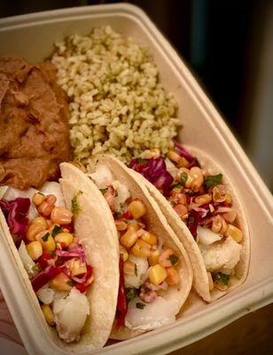 Shrimp tacos, refried beans, cilantro lime rice