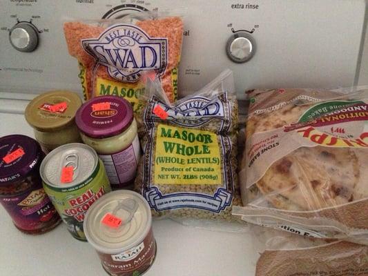 Naan, 2 kinds of lentils, ginger and garlic pastes, curry paste, garam masala and coconut water. All this for 23 bucks!