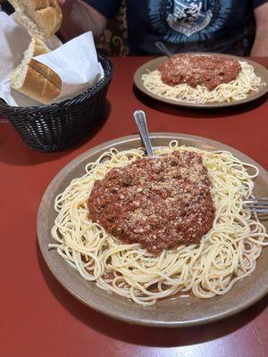 Hearty meat sauce on spaghetti