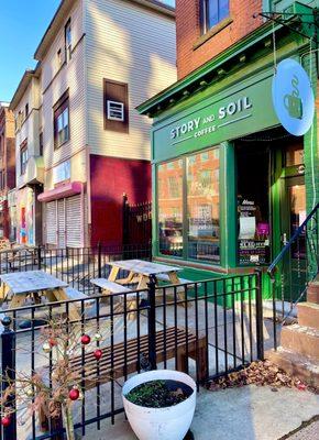 Storefront in early December and outdoor seating