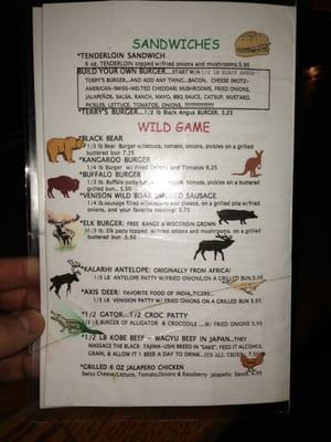 Wild game menu that is always changing.