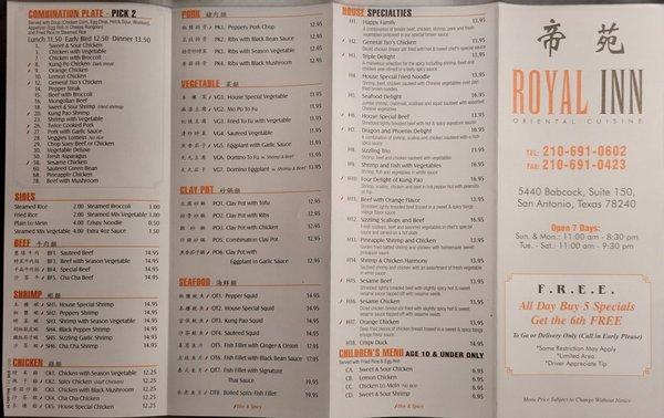 Royal Inn Oriental Cuisine Menu