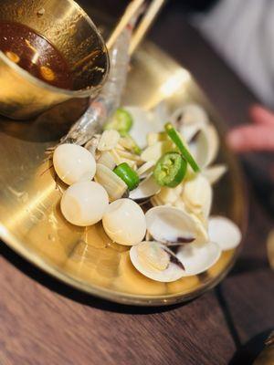 Clams, quail eggs