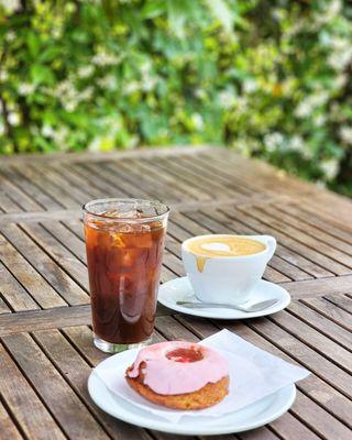 cappuccino,  ice drip, and vegan donut