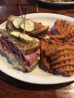 The Reuben with waffle sweet potato fries! Lovely local restaurant