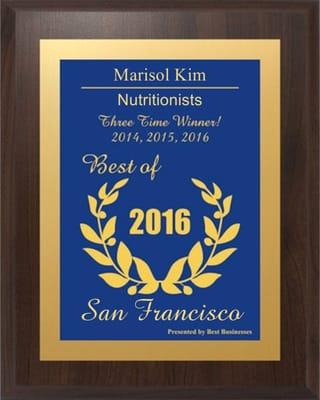 Best Nutritionist Award of 2014, 2015, and 2016. Presented by Best Business