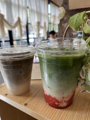 hojicha latte (left) and strawberry matcha latte (right)