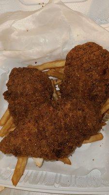 Overdone chicken strips, skip the breading, the chicken is nice after removing it.