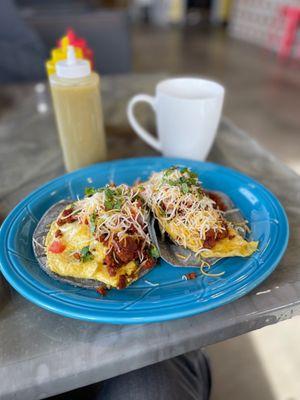 Breakfast tacos with soyrizo and cafe de Olla