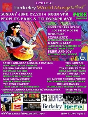 KPOO 89.5 FM is a supporter of the Berkeley World Music Festival 6/22 with Afrofunk Experience, Manzo Rally, & Pride and Joy