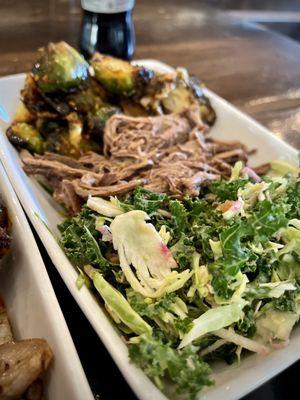 Brussel sprouts, pulled pork, kale slaw