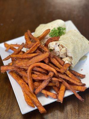 Grilled  Chicken Wrap and sweet potato fries