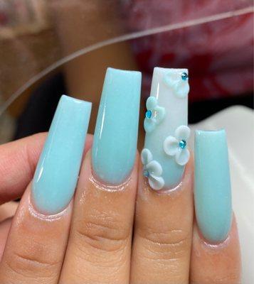 Baby blue and 3D flowers.