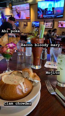 Clam chowder, ahi poke, bacon Bloody Mary