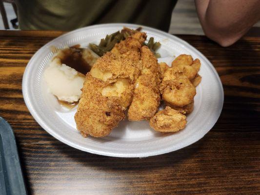 Special fried founder and shrimp meal. Green beans and mashed potato sides